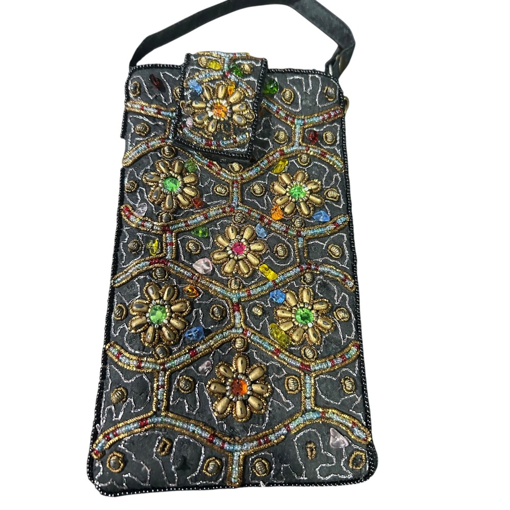 Beaded Crossbody Bag Black Floral Embellished Pouch Boho Whimsigoth Gypsy Hippie